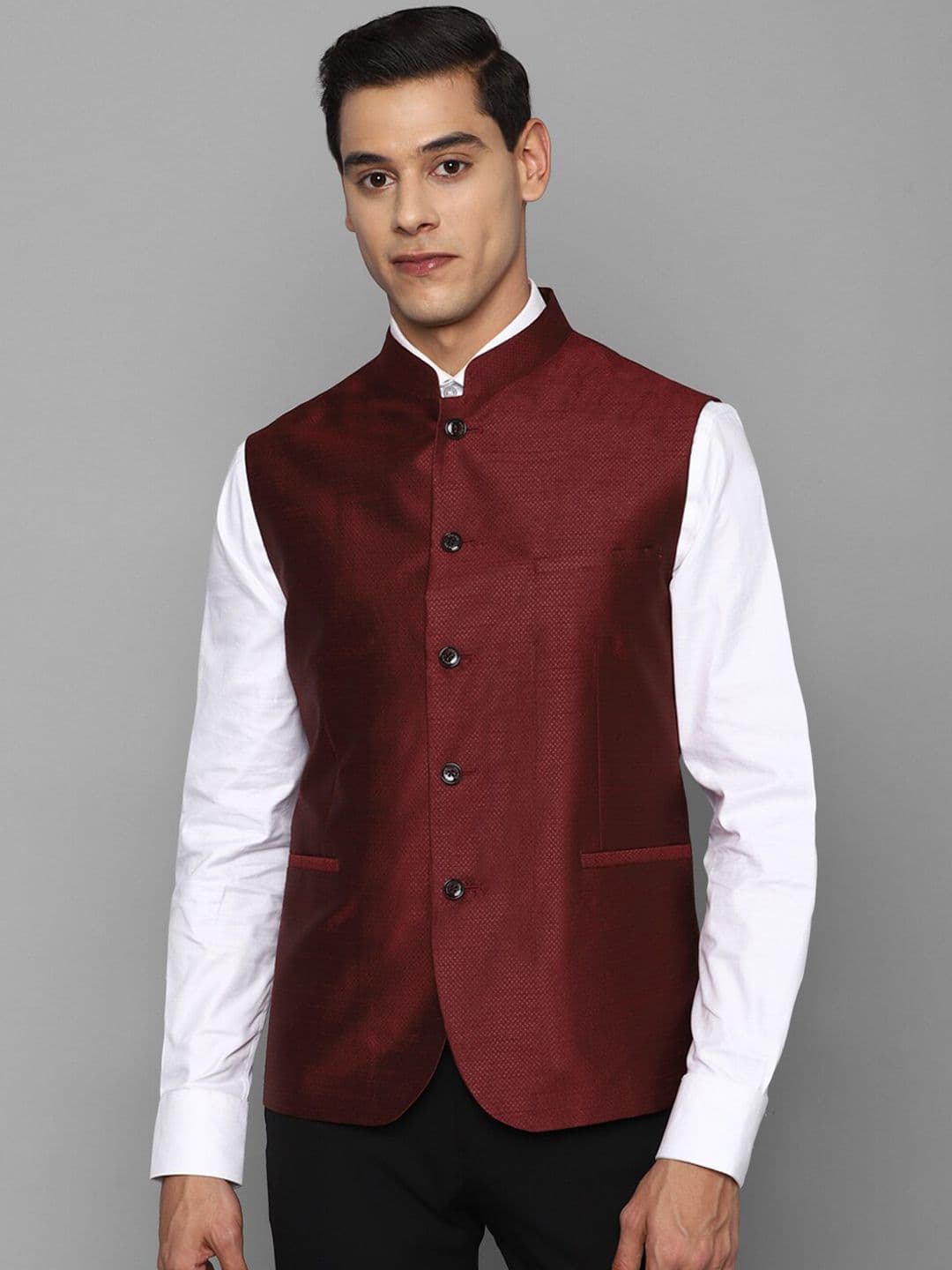 Allen Solly Men Maroon Woven Design Nehru Jacket - view 1