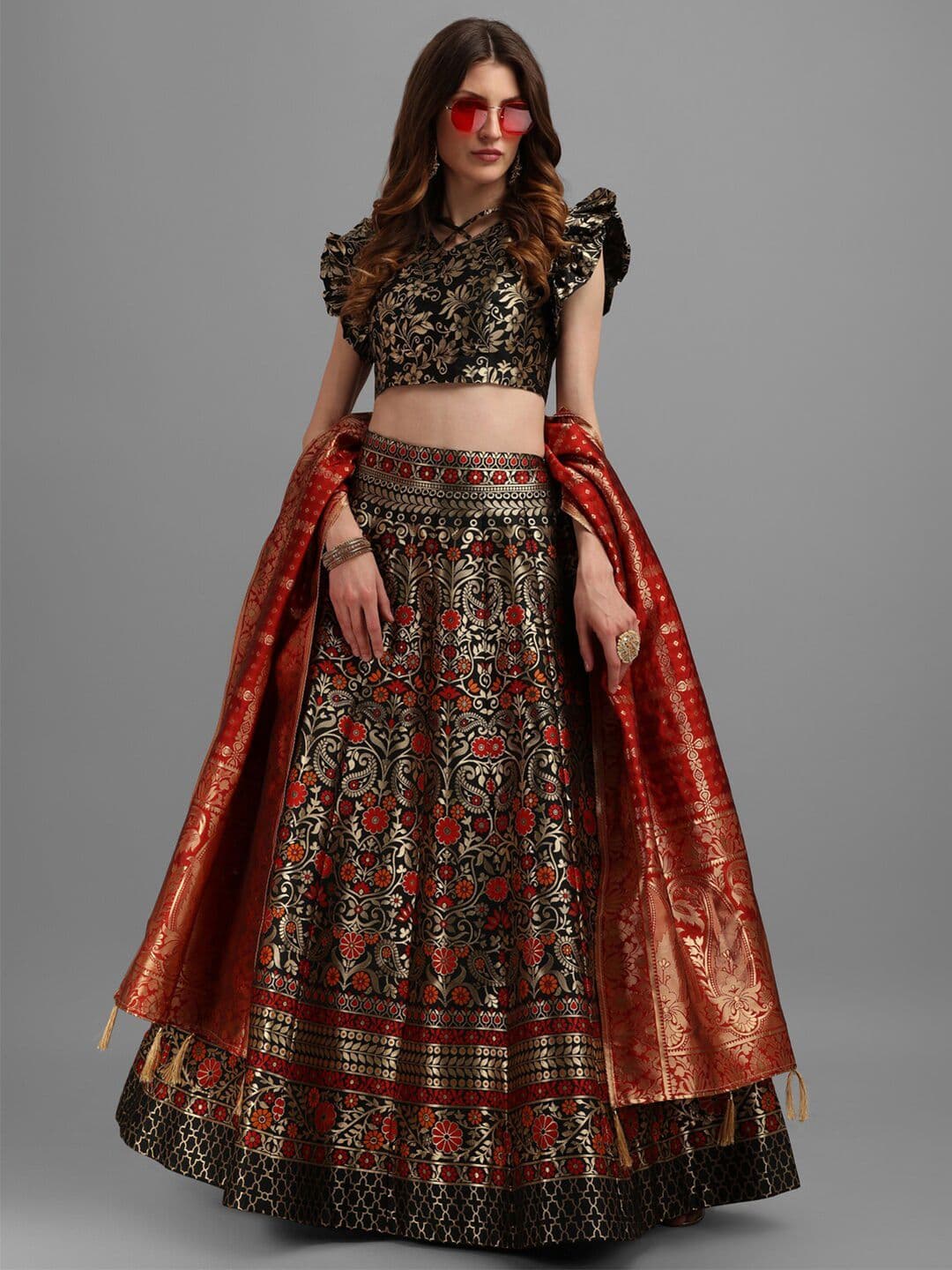 PURVAJA Black & Gold Woven Design Semi-Stitched Lehenga & Unstitched Choli With Dupatta - view 1
