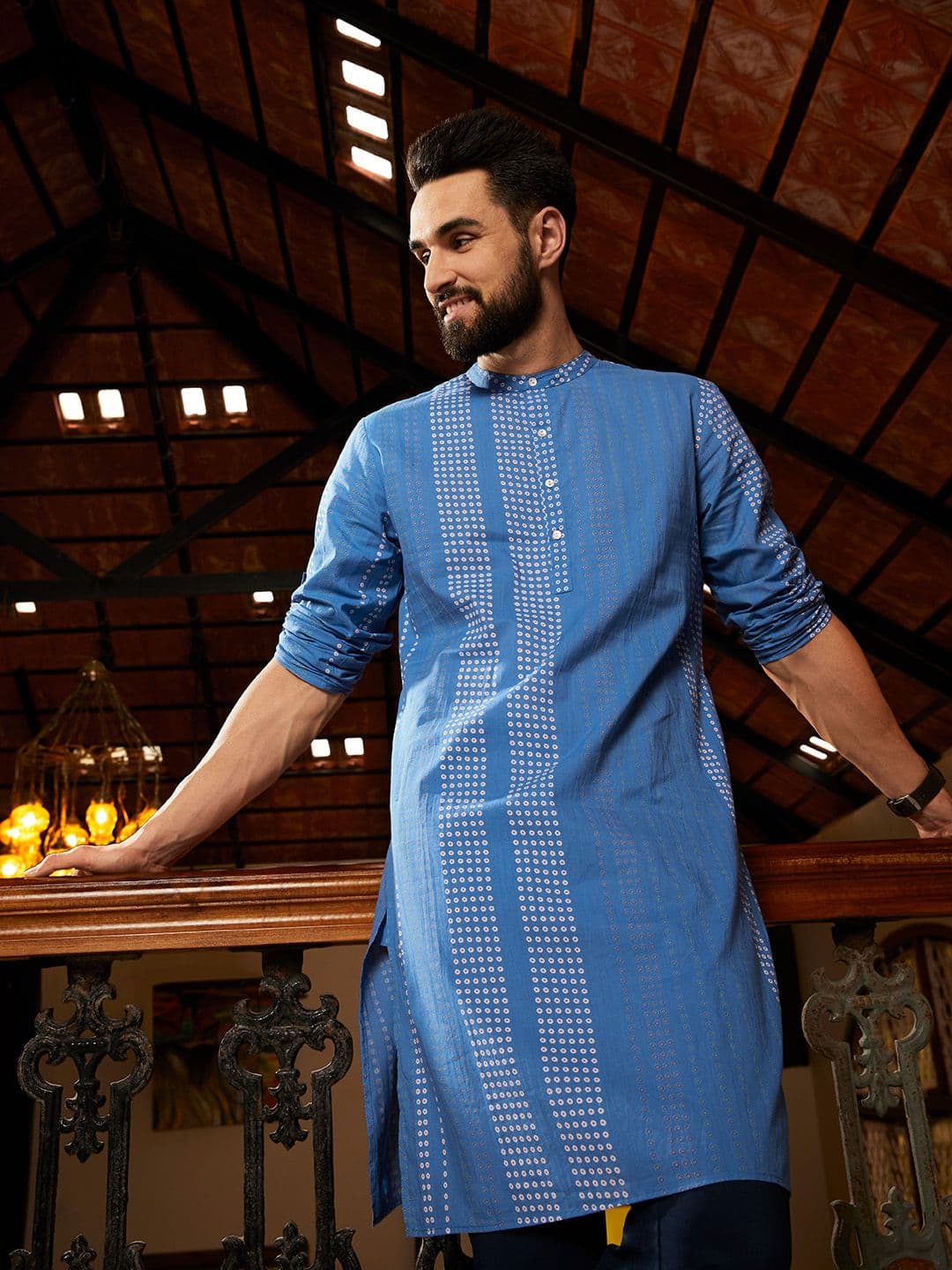 Anouk Men Blue Bandhani Printed Cotton Kurta - view 1
