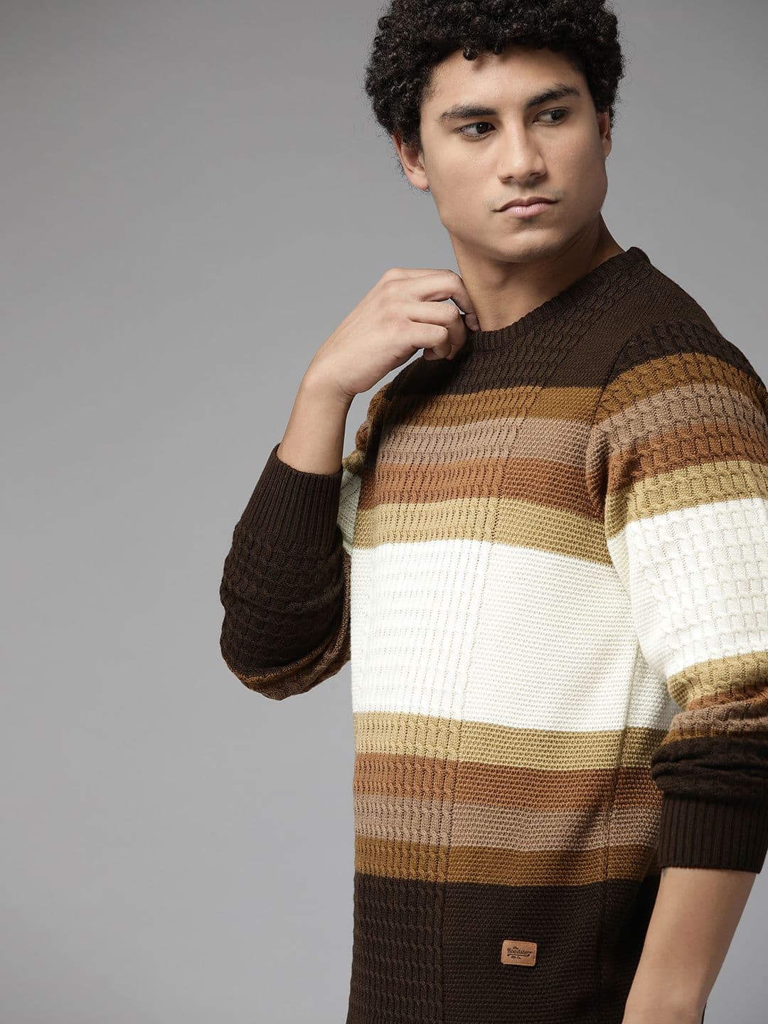 The Roadster Lifestyle Co. Men Brown & Cream-Coloured Striped Acrylic Pullover - view 1
