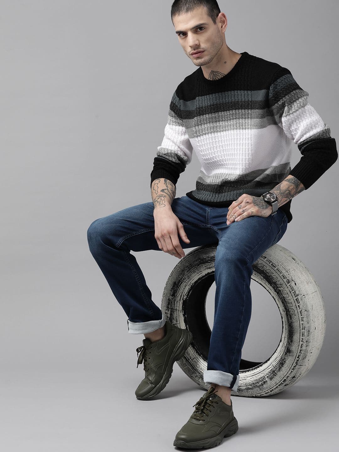 Roadster Men Black & White Acrylic Striped Pullover - view 1