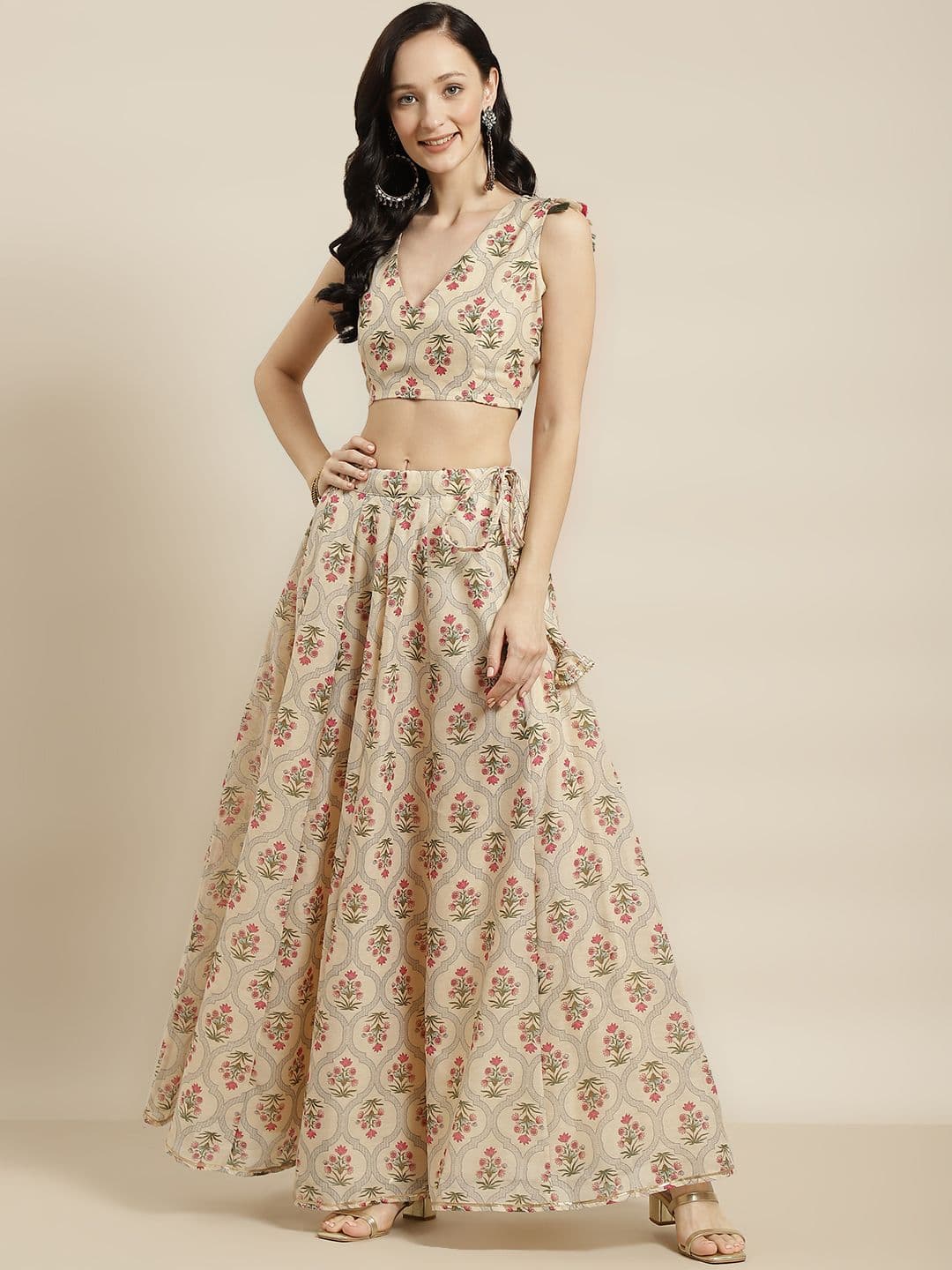 Shae by SASSAFRAS Beige & Pink Printed Ready to Wear Lehenga - view 1