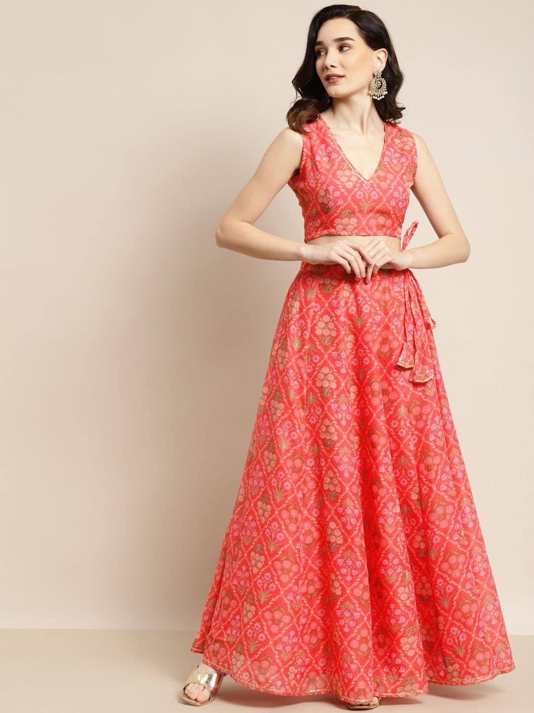 Shae by SASSAFRAS Peach-Coloured & Olive Green Printed Fusion Lehenga Choli - view 1