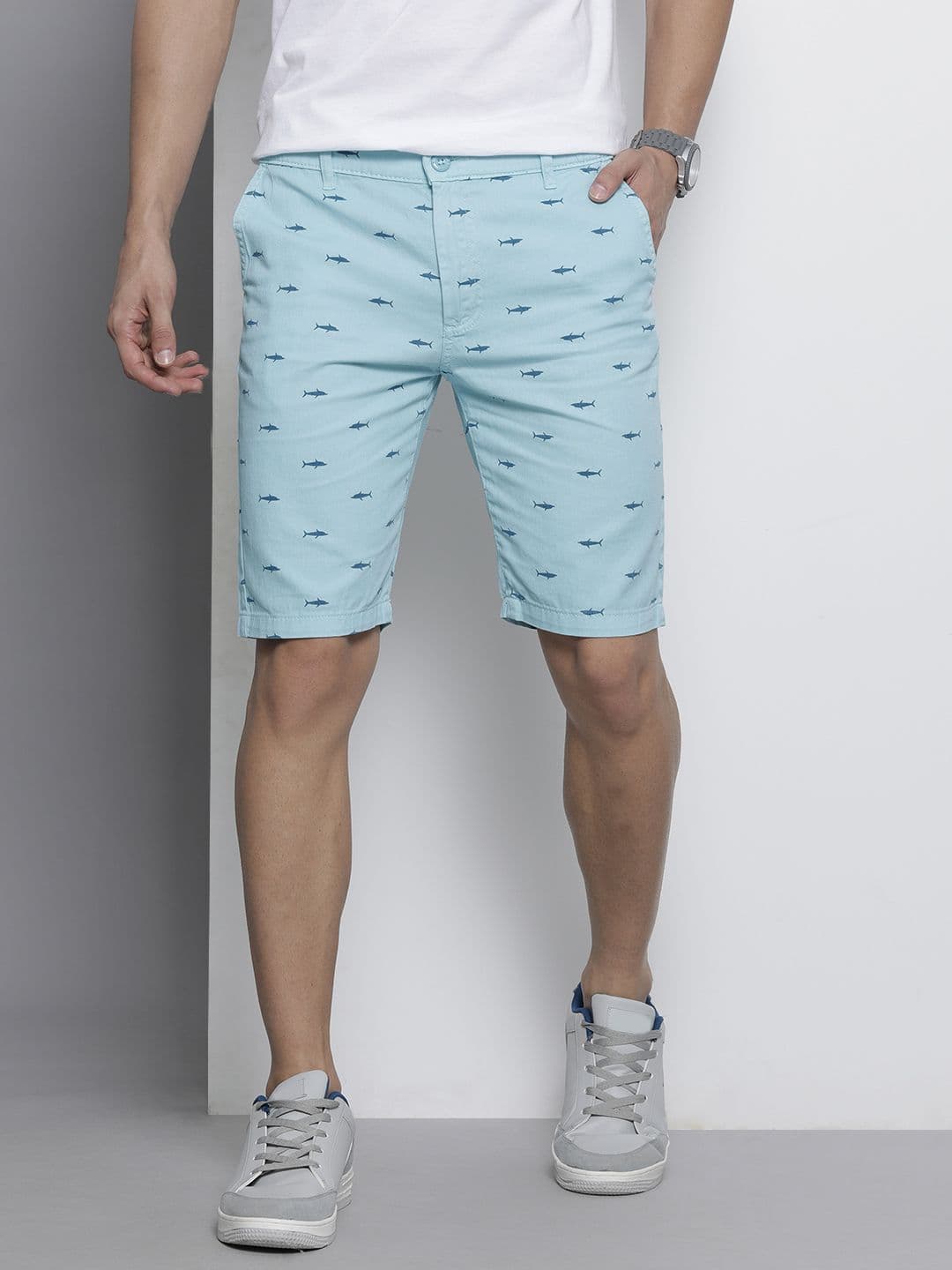 The Indian Garage Co Men Blue Printed Slim Fit Cotton Chino Shorts - view 1