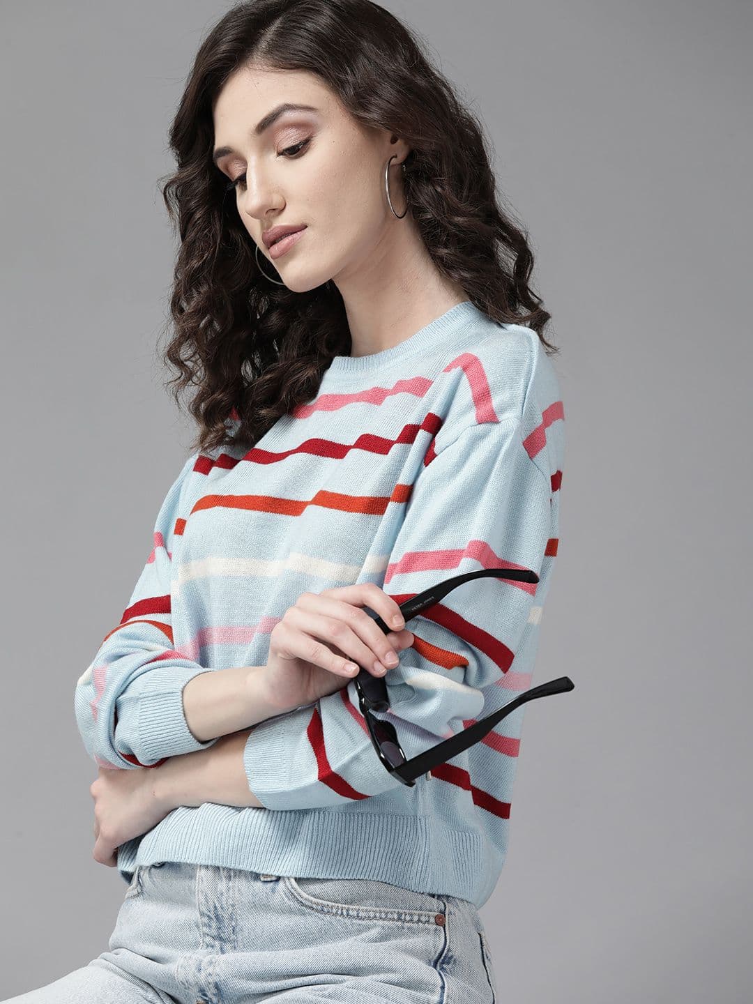 The Roadster Lifestyle Co. Women Blue Striped Acrylic Drop-Shoulder Sleeves Pullover - view 1