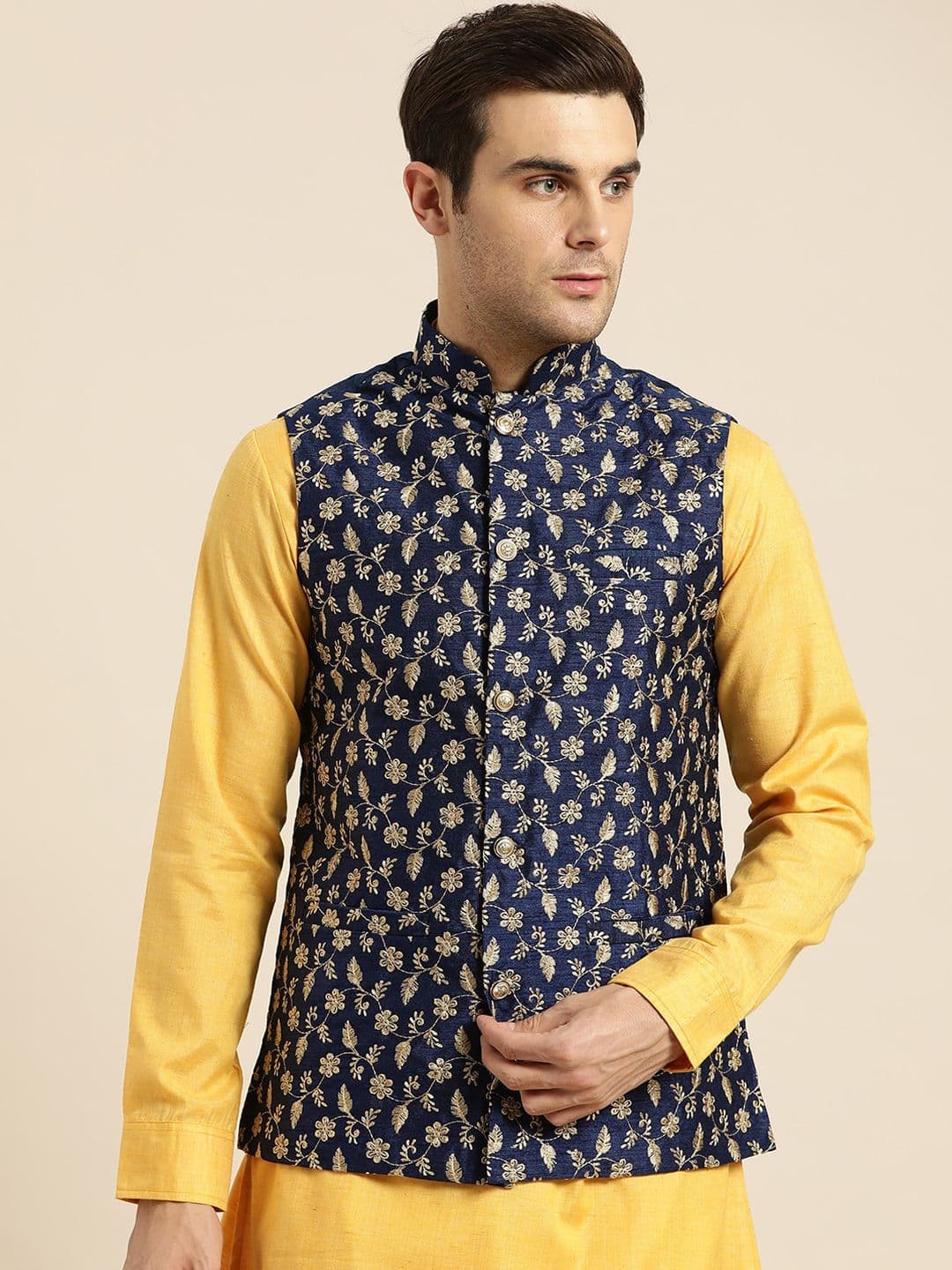 SOJANYA Men Navy Blue & Gold-Coloured Woven Design Nehru Jackets - view 1