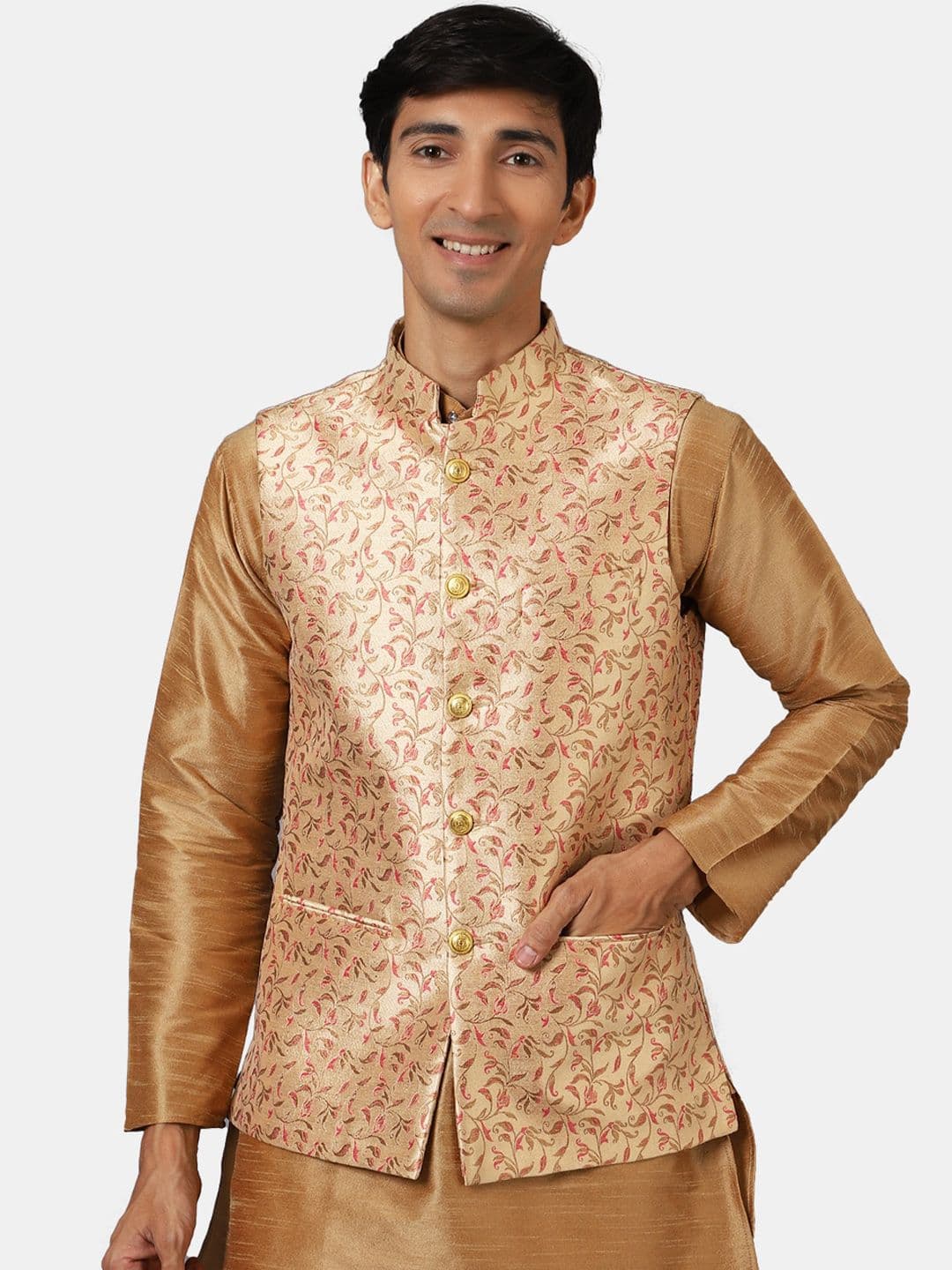 Wintage Men Gold Coloured Printed Woven Nehru Jackets - view 1