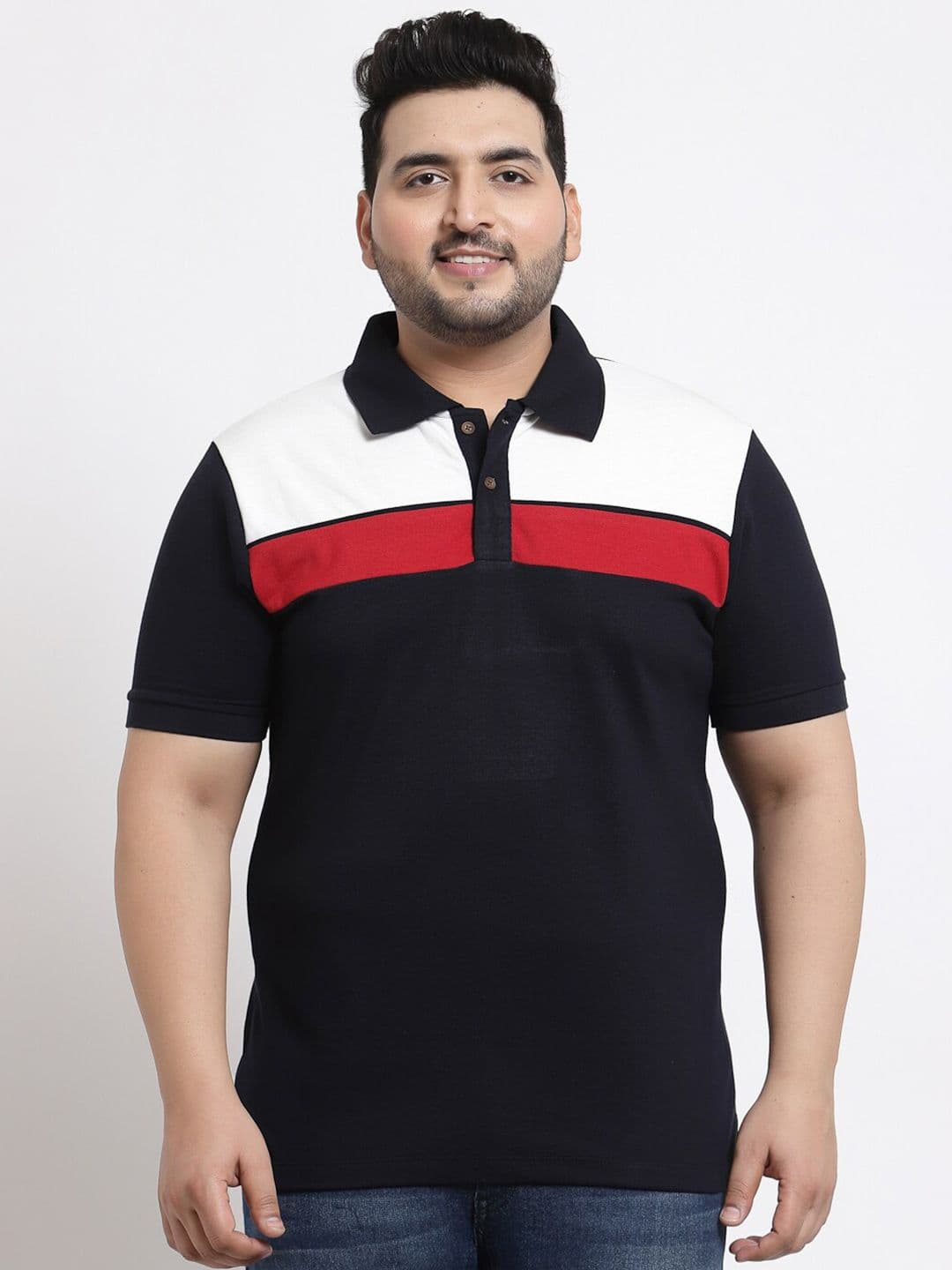 Kalt Men Plus Size Navy Blue & Red Colourblocked Polo Collar T-shirt - view 1