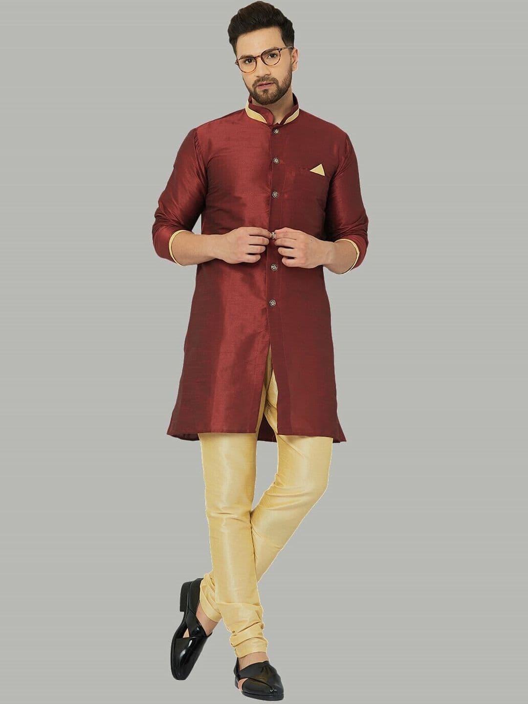 Kaifoo Men Maroon & Gold-Coloured Solid Sherwani Set - view 1