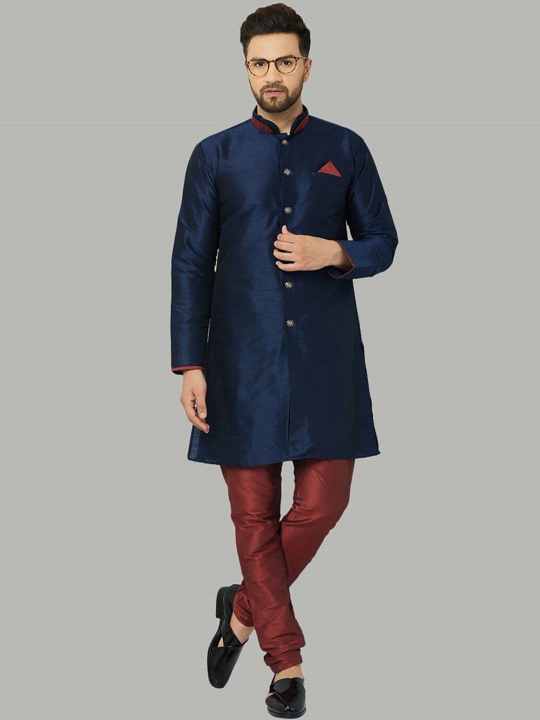 Kaifoo Men Maroon & Navy Blue Solid Sherwani Set - view 1