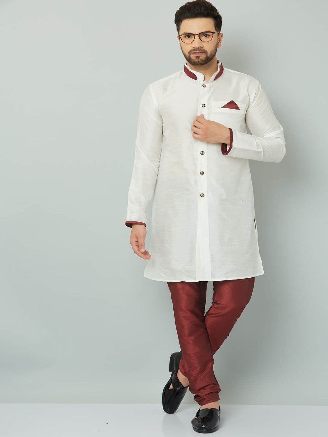 Kaifoo Men White & Maroon Solid Sherwani Set - view 1