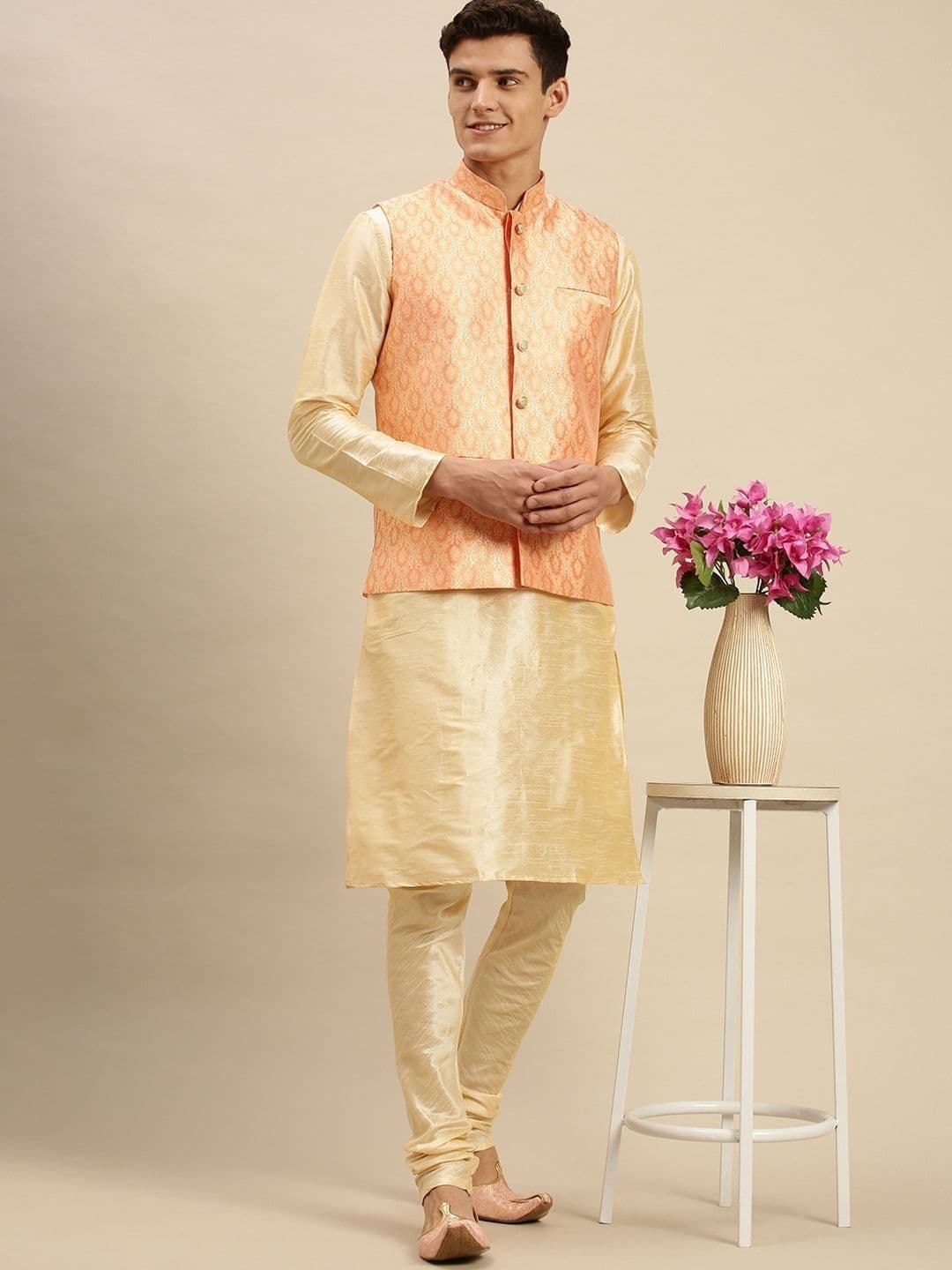 Sanwara Men Pink Printed Woven Nehru Jackets - view 1