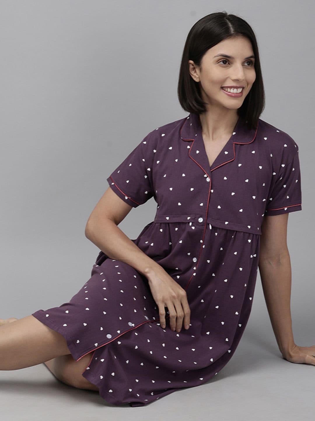 Zeyo Purple & White Printed Cotton Maternity & Feeding Nightdress - view 1