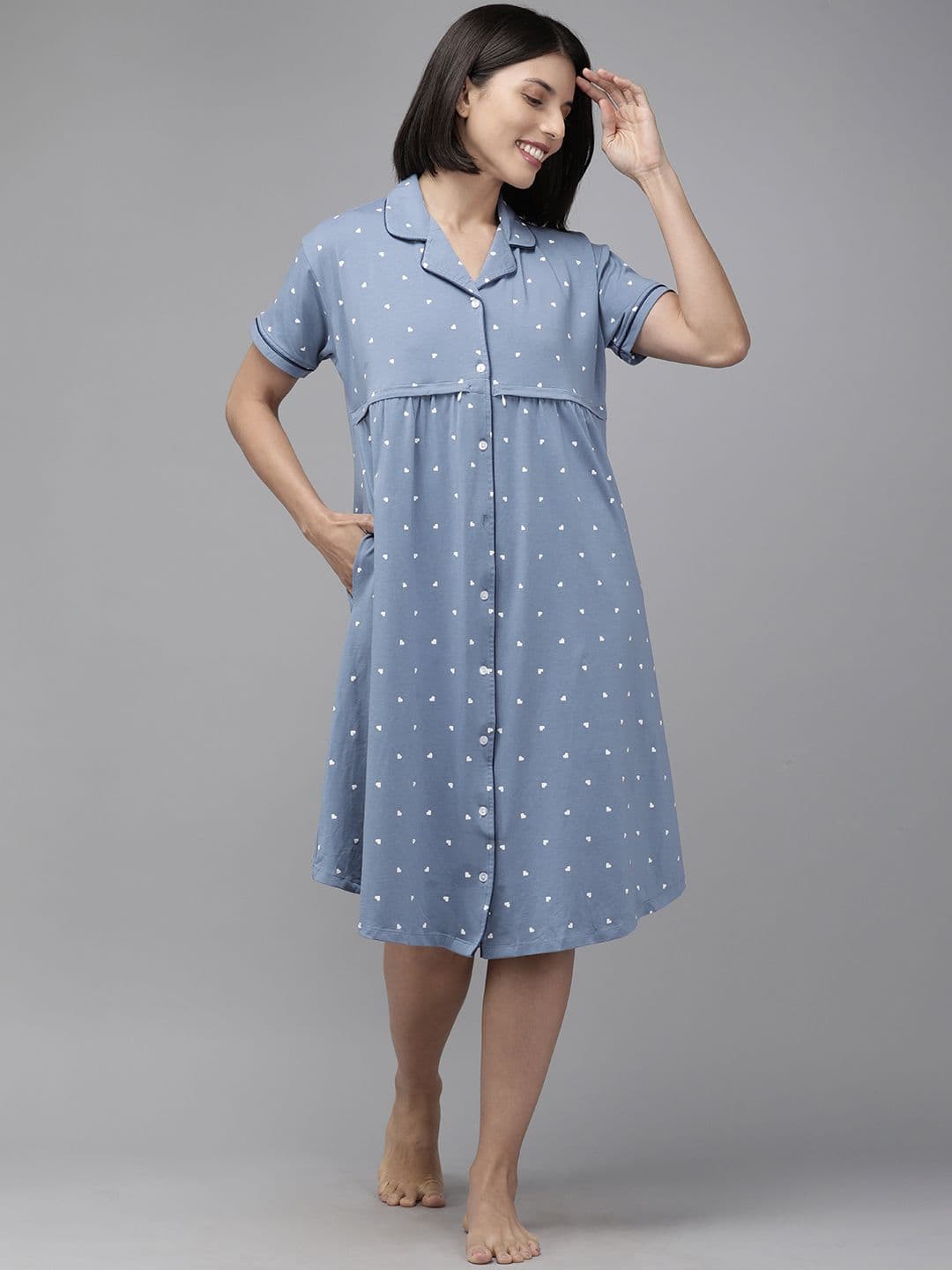 Zeyo Blue & White Printed Cotton Maternity & Feeding Nightdress - view 1