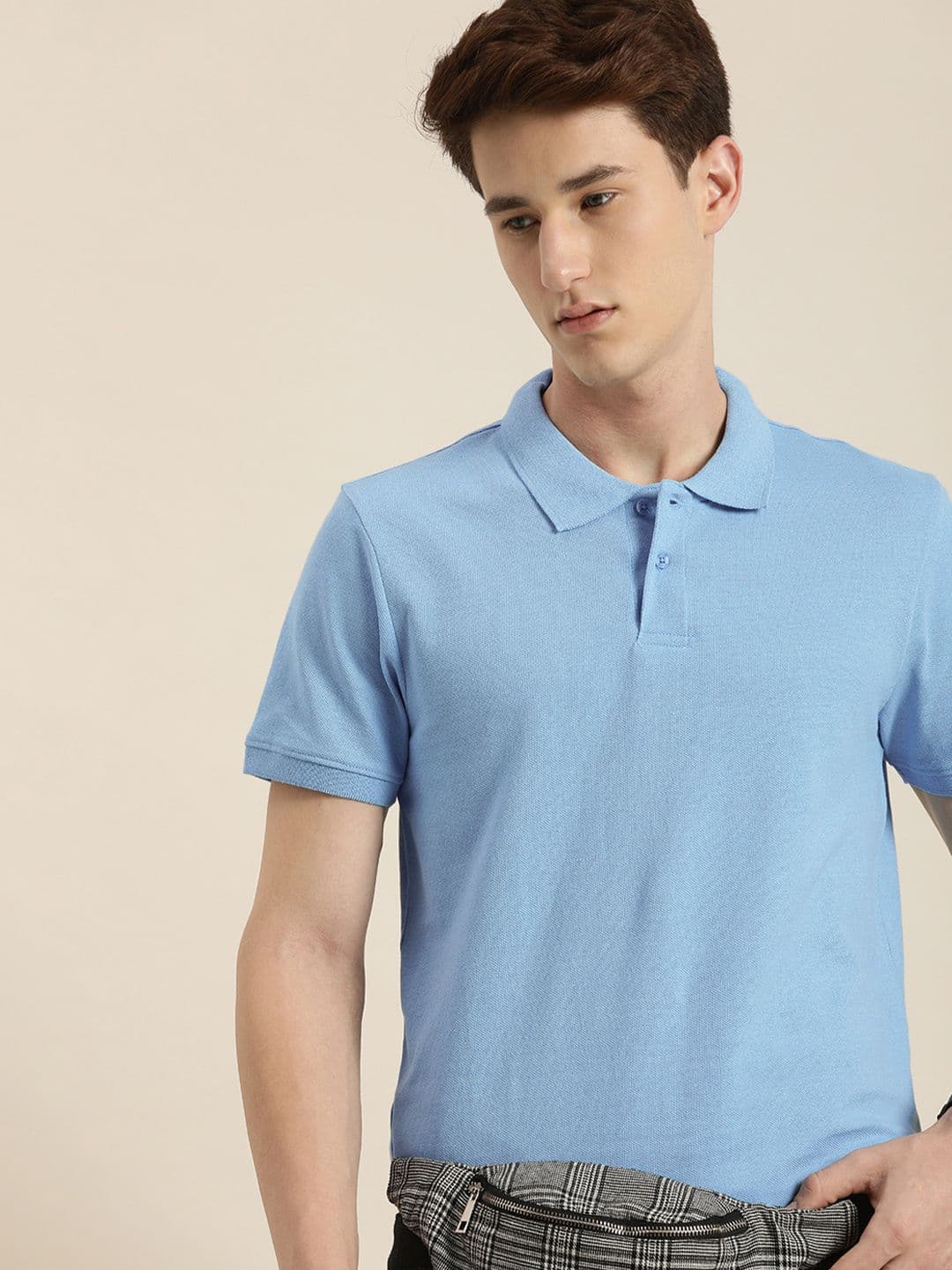 encore by INVICTUS Men Light Blue Polo Collar Solid T-shirt - view 1