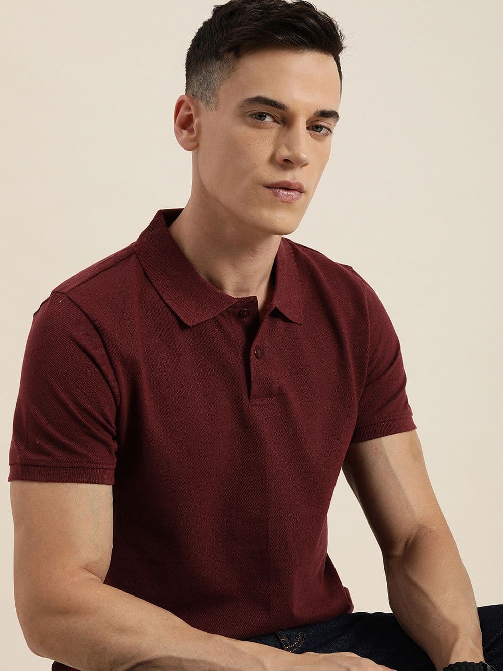 encore by INVICTUS Men Burgundy Solid Polo Collar T-shirt - view 1