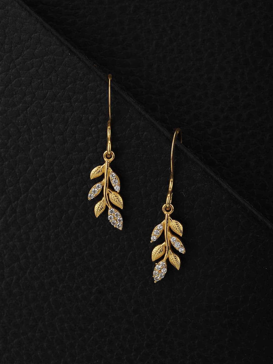 Carlton London Gold Plated With Cubic Zirconia Studded Leaf Shaped Drop Earrings - view 1