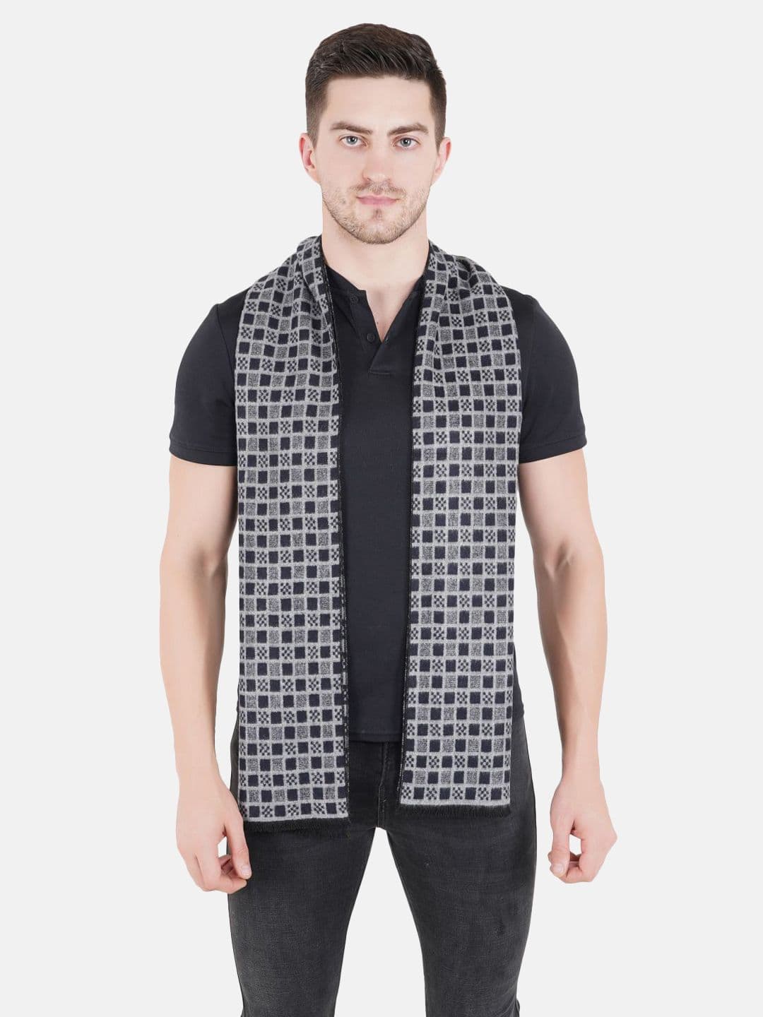 MUFFLY Black & Grey Printed Woven-Design Knitted Woolen Muffler - view 1