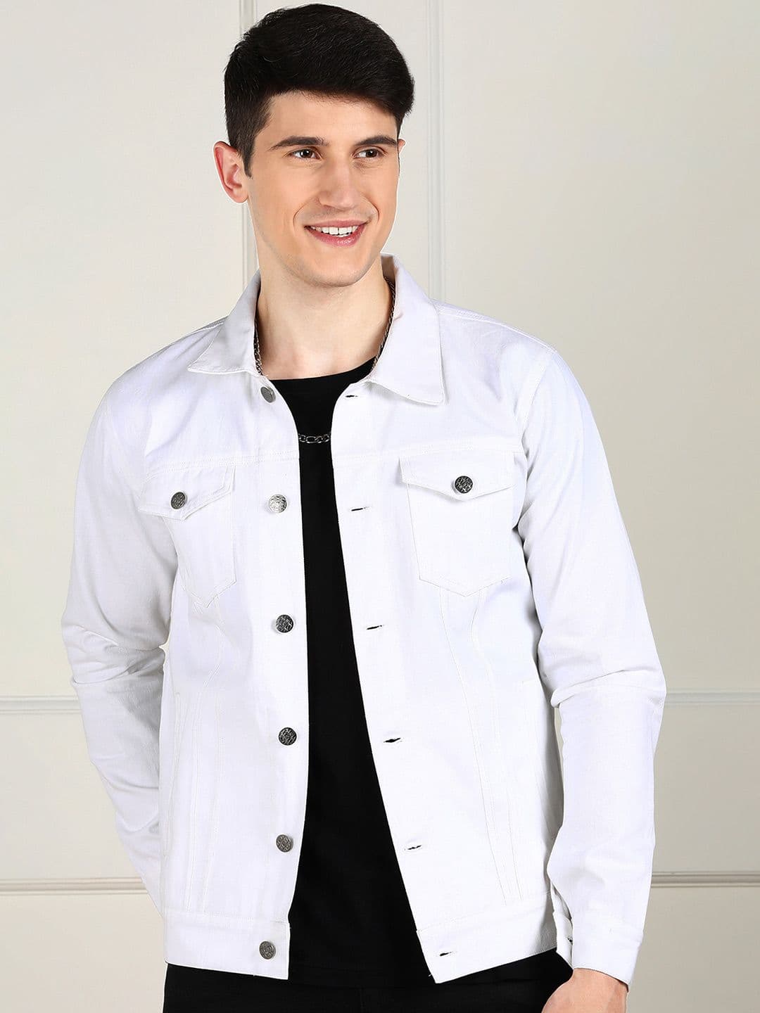 MONTREZ Men White Crop Denim Jacket with Embroidered - view 1
