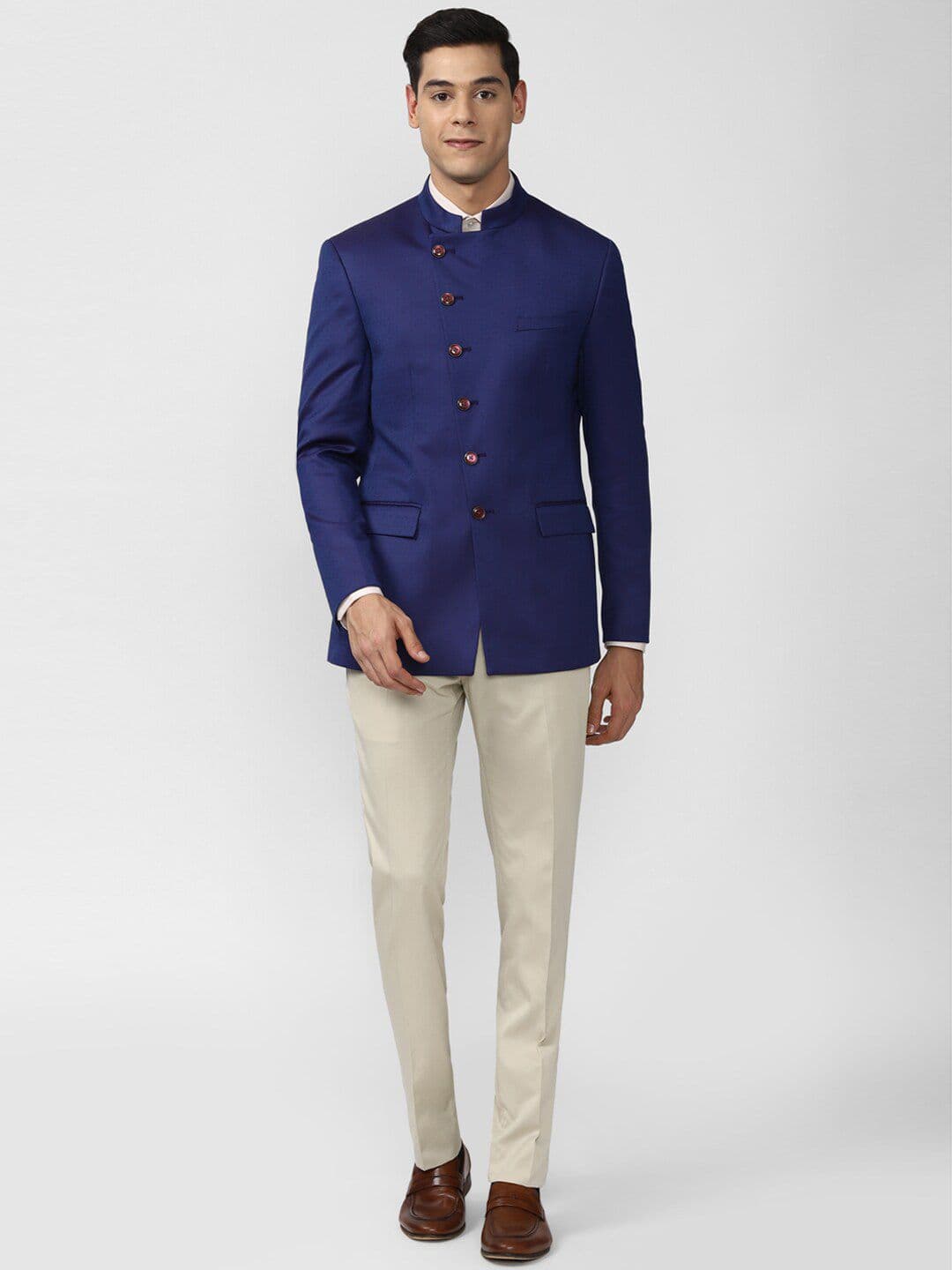 Peter England Elite Men Blue & Cream-Coloured Solid Single-Breasted 2-Piece Slim-Fit Bandhgala Suit - view 1