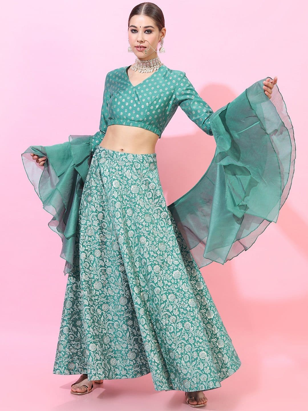 Vishudh Turquoise Blue & Off White Foil Print Ready to Wear Lehenga & Blouse With Dupatta - view 1