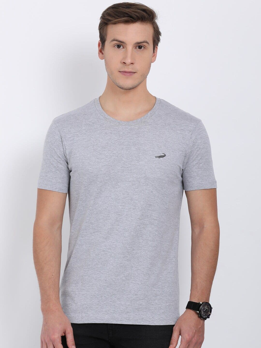 Crocodile Men Grey Solid Cotton T-shirt - view 1