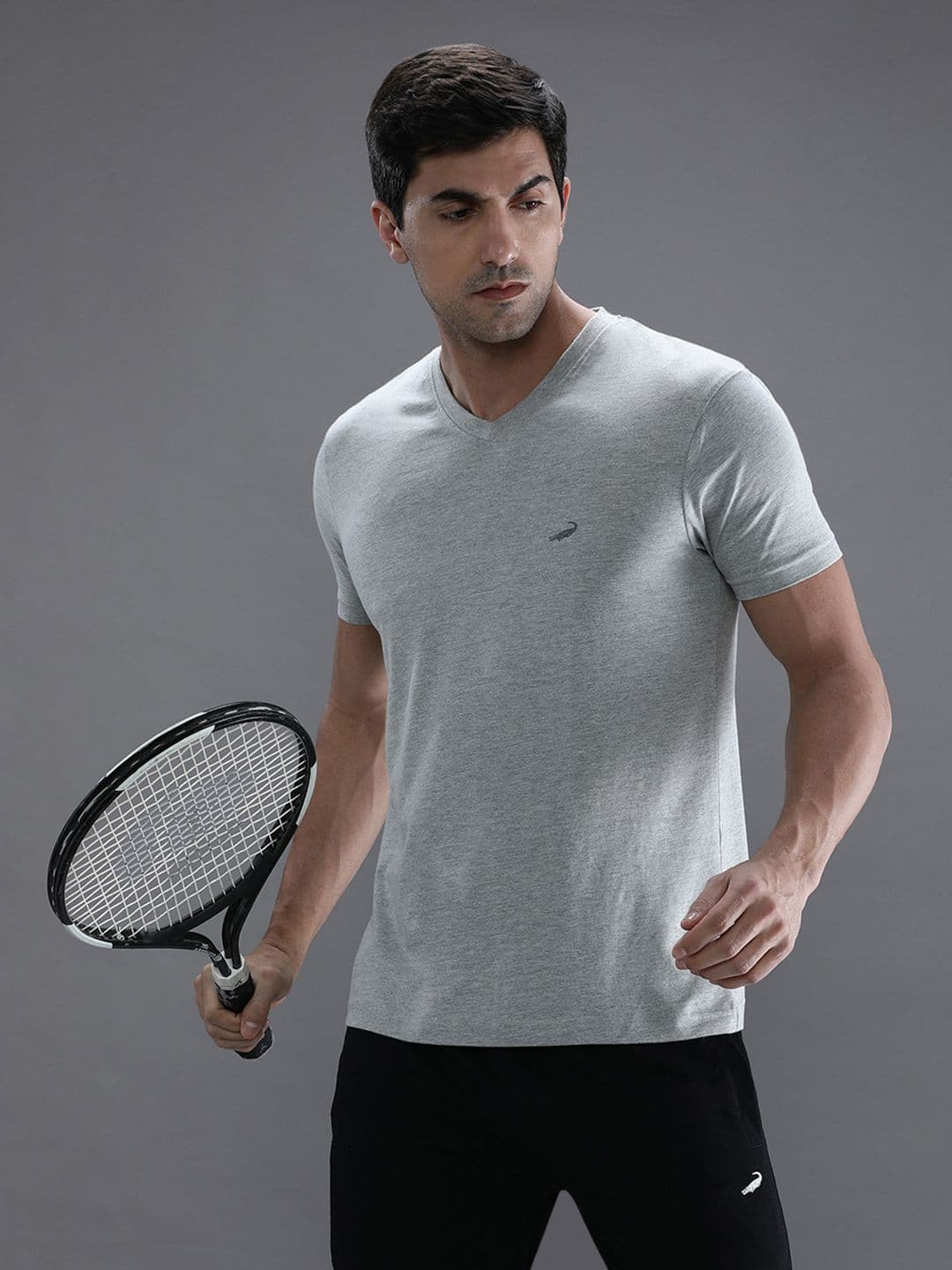 Crocodile Men Grey V-Neck Cotton T-shirt - view 1