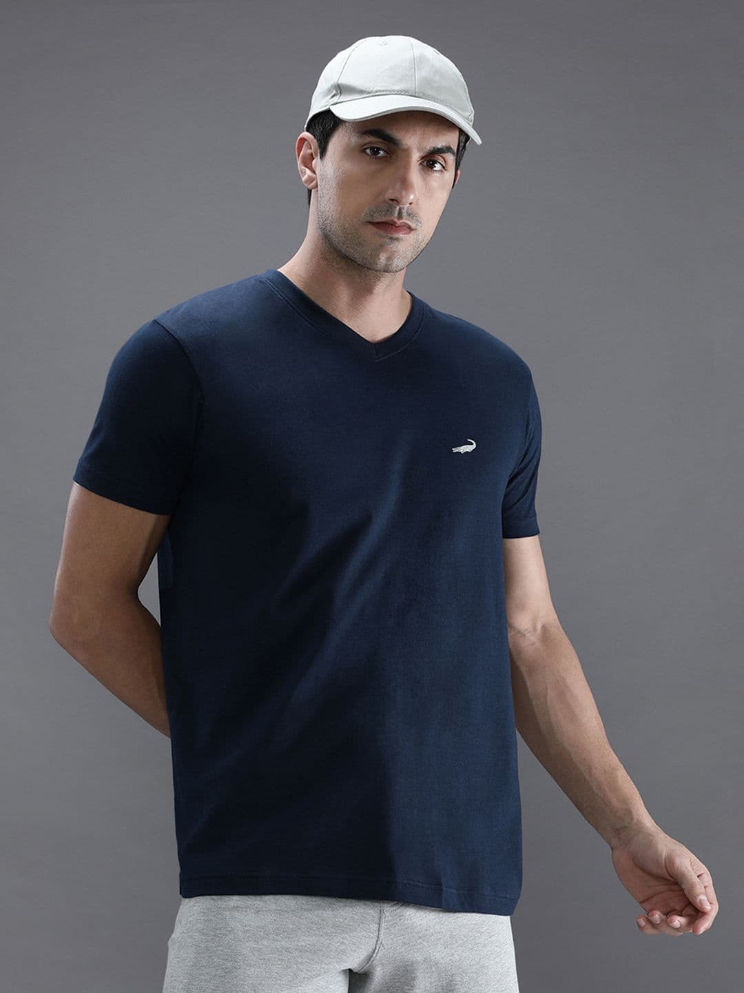 Crocodile Men Navy Blue V-Neck Cotton T-shirt - view 1