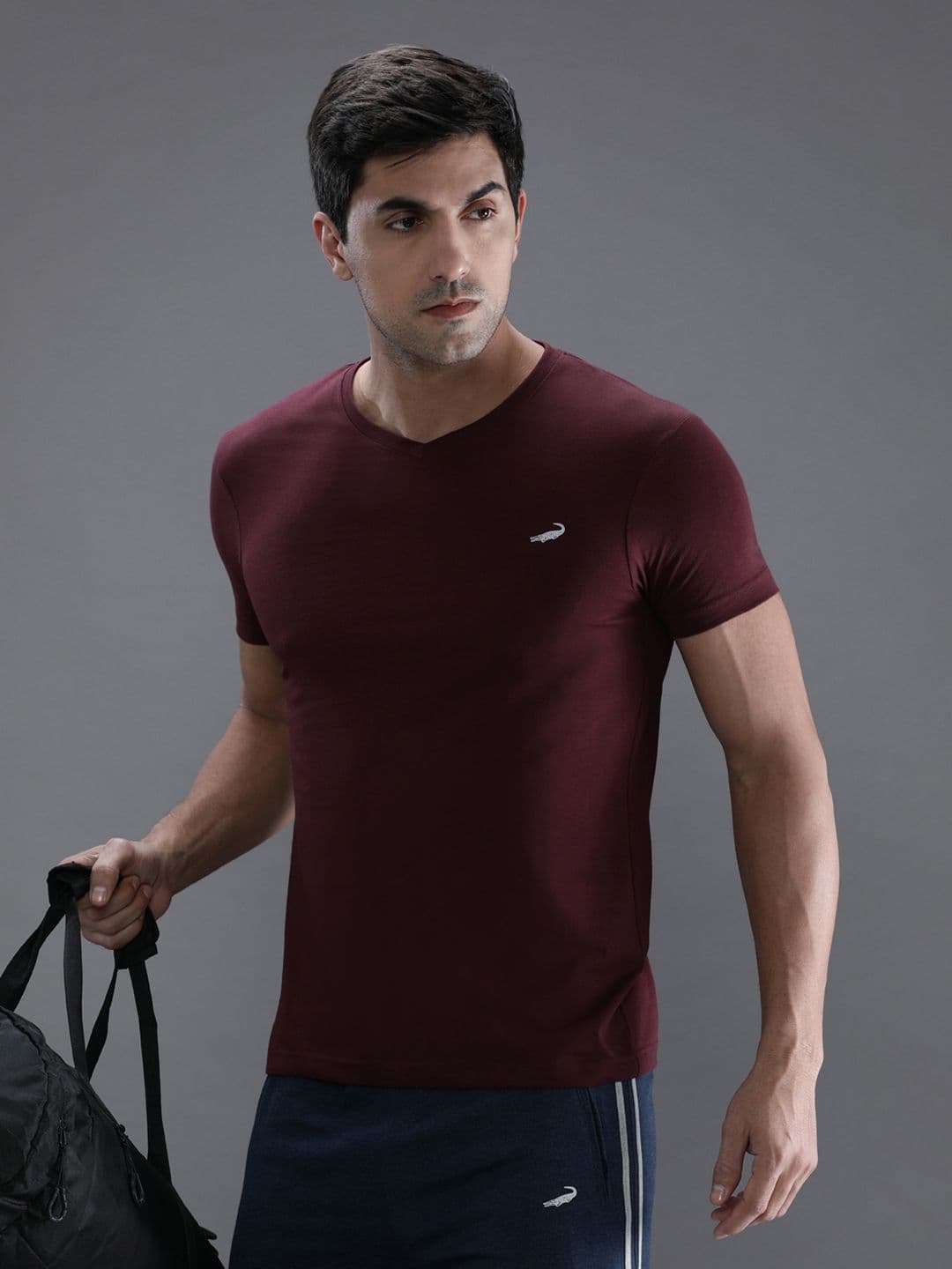 Crocodile Men Maroon V-Neck Cotton T-shirt - view 1