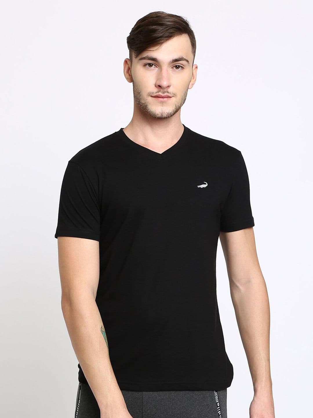 Crocodile Men Black V-Neck Cotton T-shirt - view 1