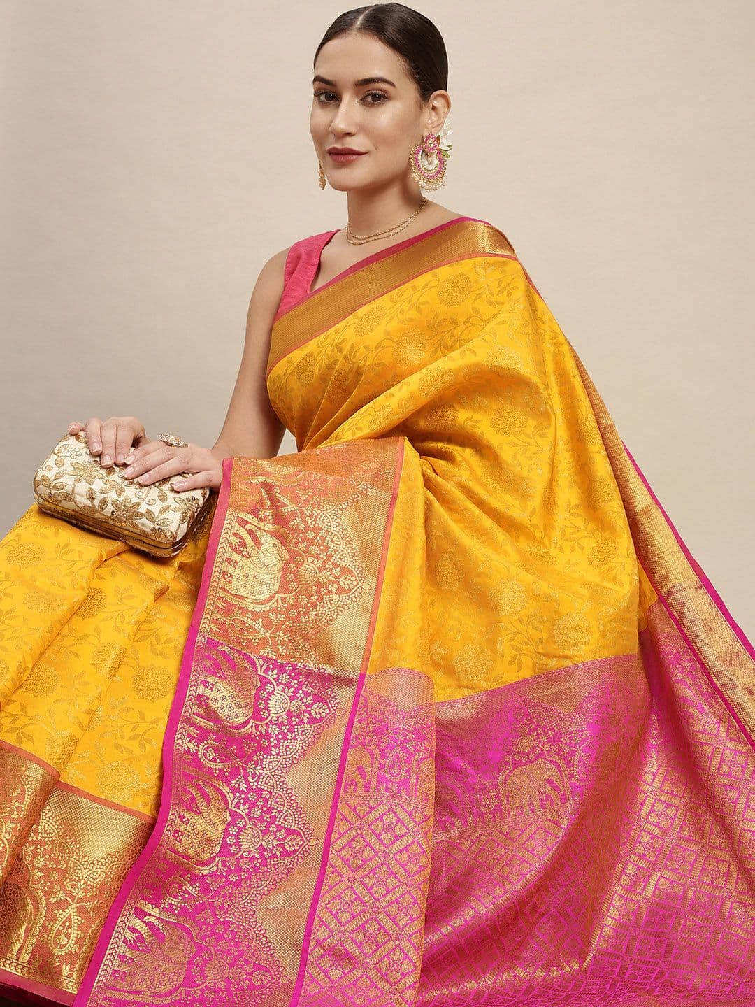Royal Rajgharana Saree Yellow & Gold Floral Zari Silk Blend Celebrity Banarasi Sarees - view 1