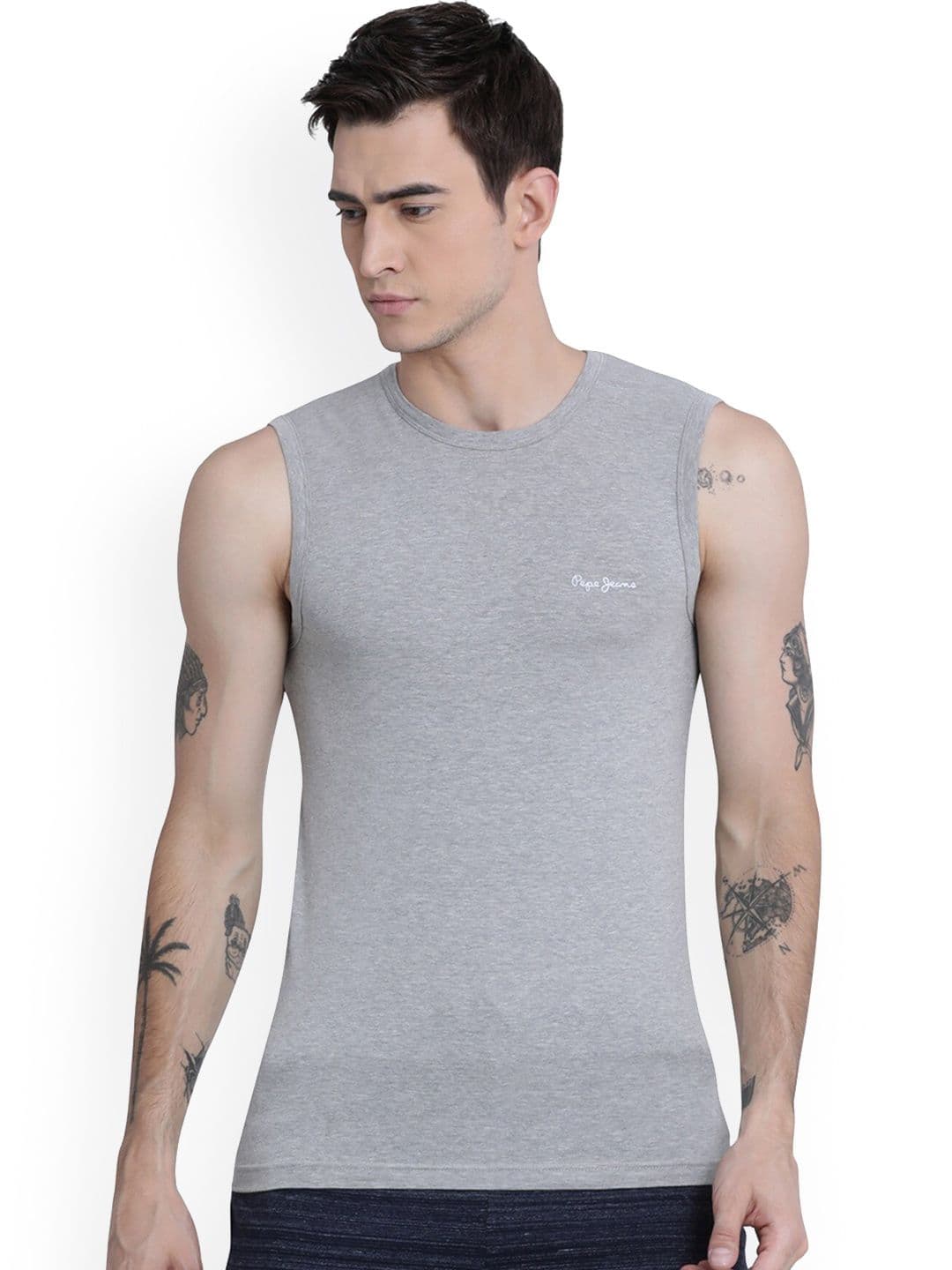 Pepe Jeans Men Grey Solid Pure Cotton Innerwear Vests - view 1
