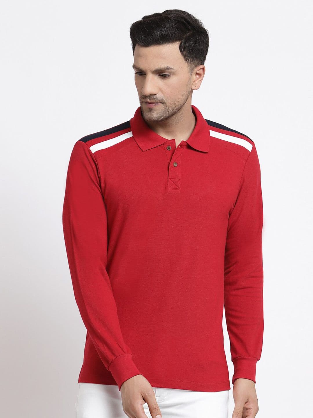 Kalt Men Red Printed Full Sleeves Polo Collar T-shirt - view 1