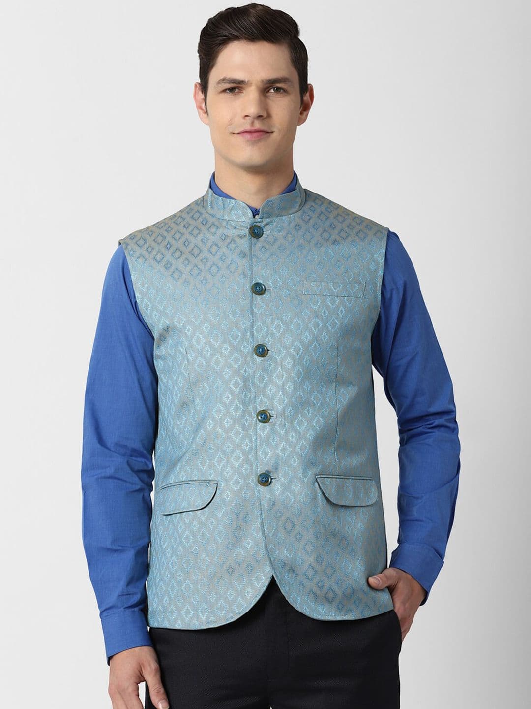 Peter England Elite Men Blue Printed Nehru Jackets - view 1
