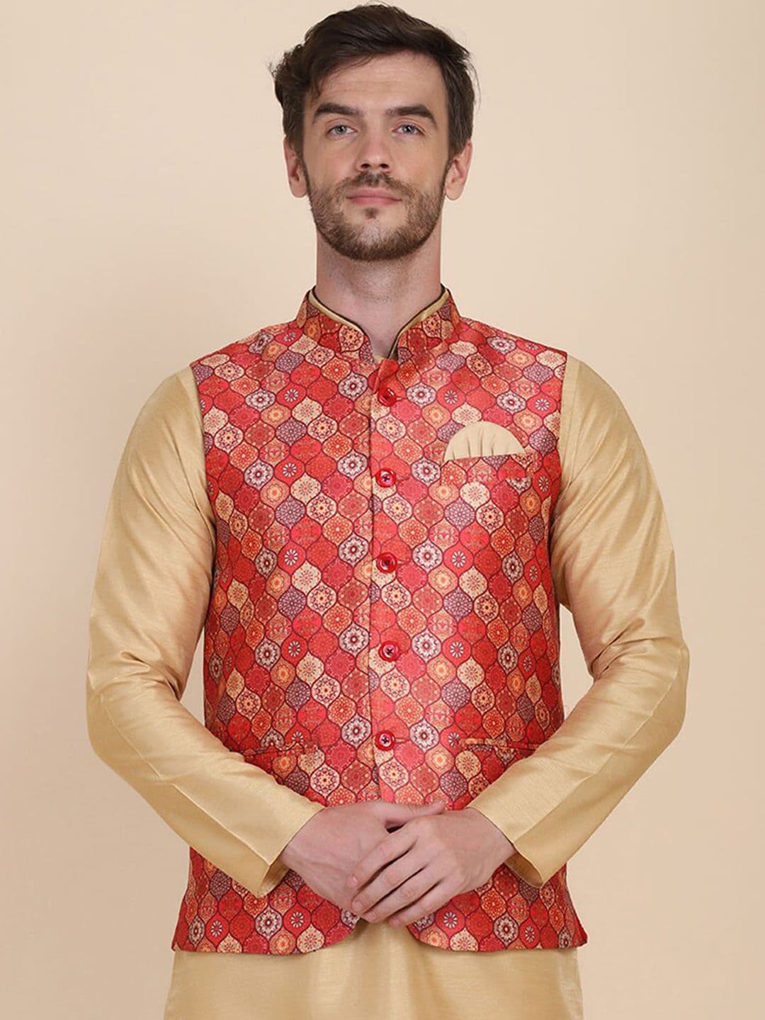 TAHVO Men Red Printed Woven Nehru Jackets - view 1