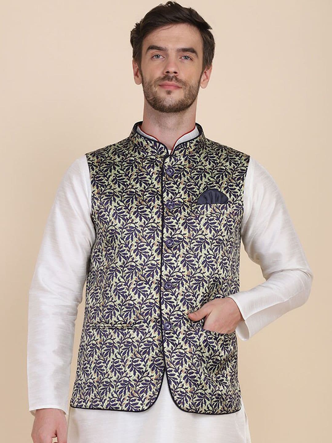 TAHVO Men Green Printed Nehru Jackets - view 1