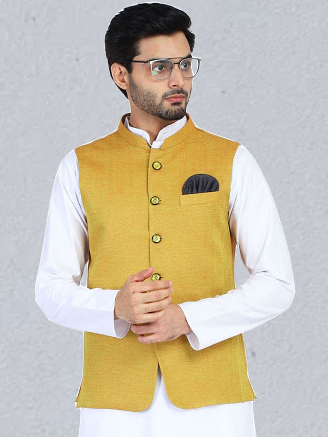 TAHVO Men Yellow Solid Woven Nehru Jackets - view 1
