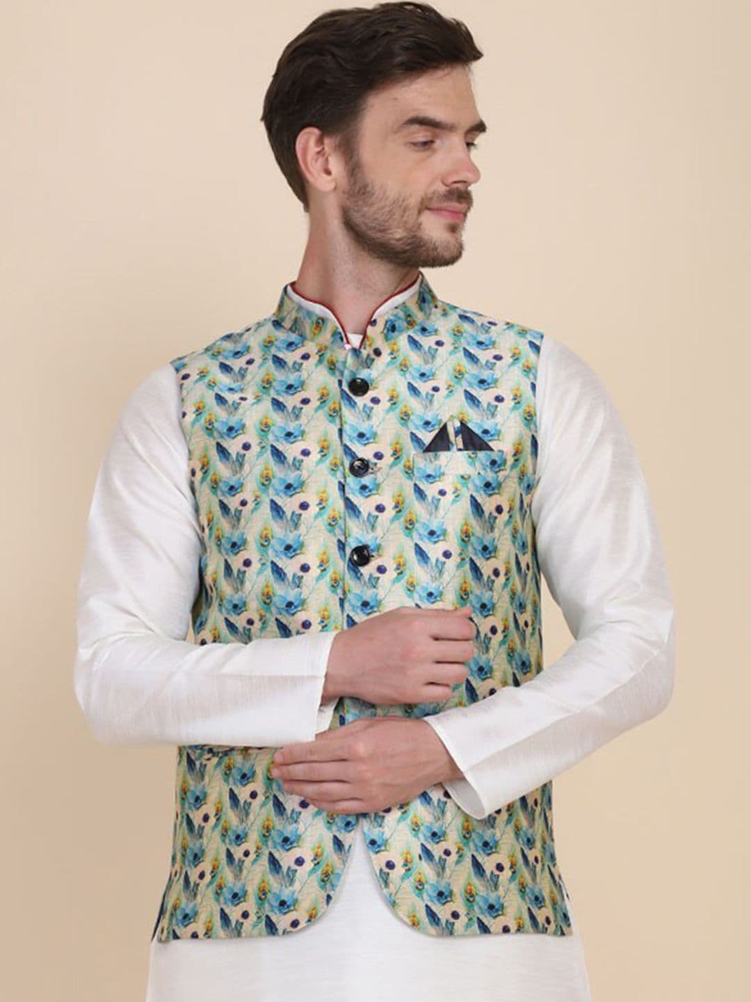 TAHVO Men Blue Printed Nehru Jackets - view 1