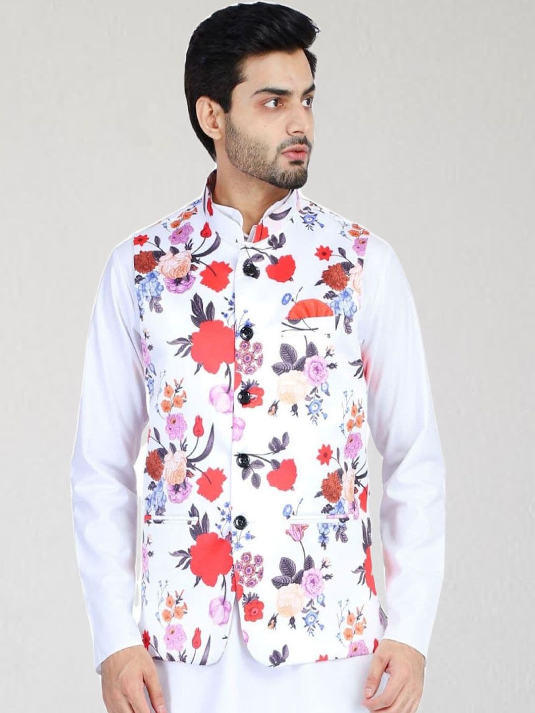 TAHVO Men White & Red Printed Nehru Jackets - view 1