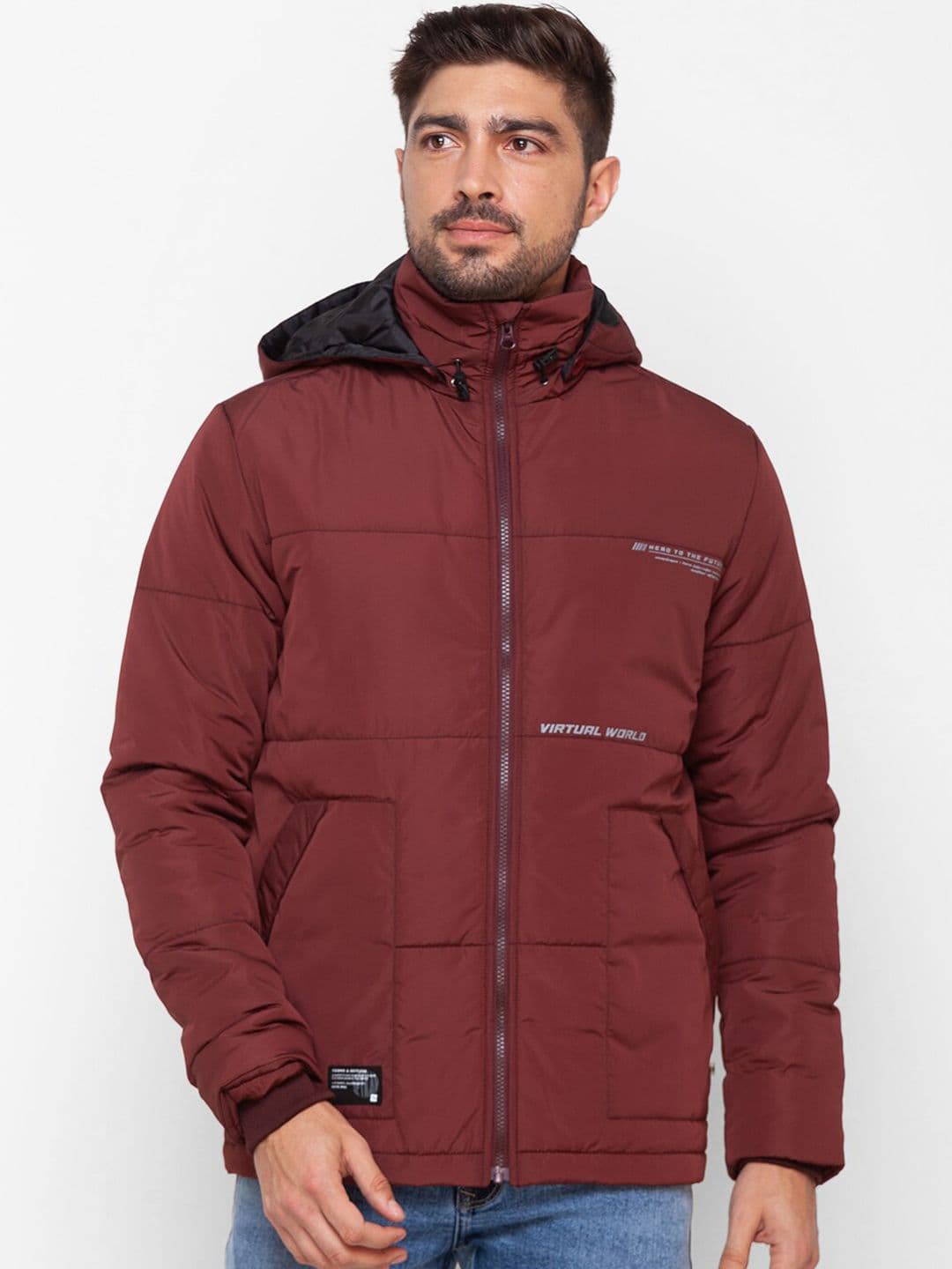 SPYKAR Men Red Camouflage Longline Padded Jacket with Patchwork - view 1