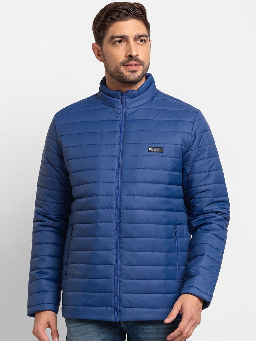SPYKAR Men Blue Colourblocked Longline Puffer Jacket with Patchwork - view 1