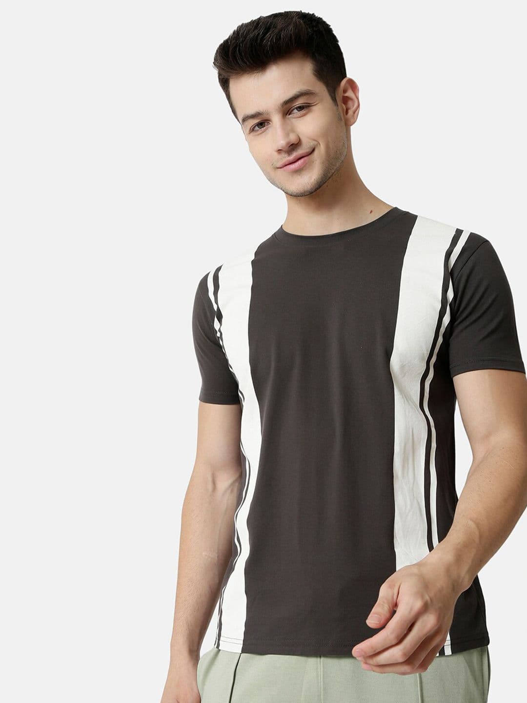 CAHOOT Men Charcoal & turkish coffee Extended Sleeves Raw Edge T-shirt - view 1