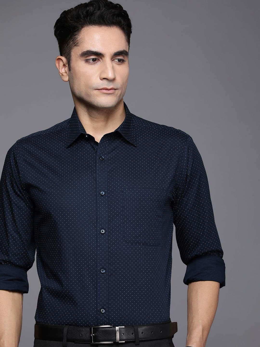 Raymond Men Navy Blue And White Slim Fit Micro Ditsy Printed Pure Cotton Formal Shirt - view 1