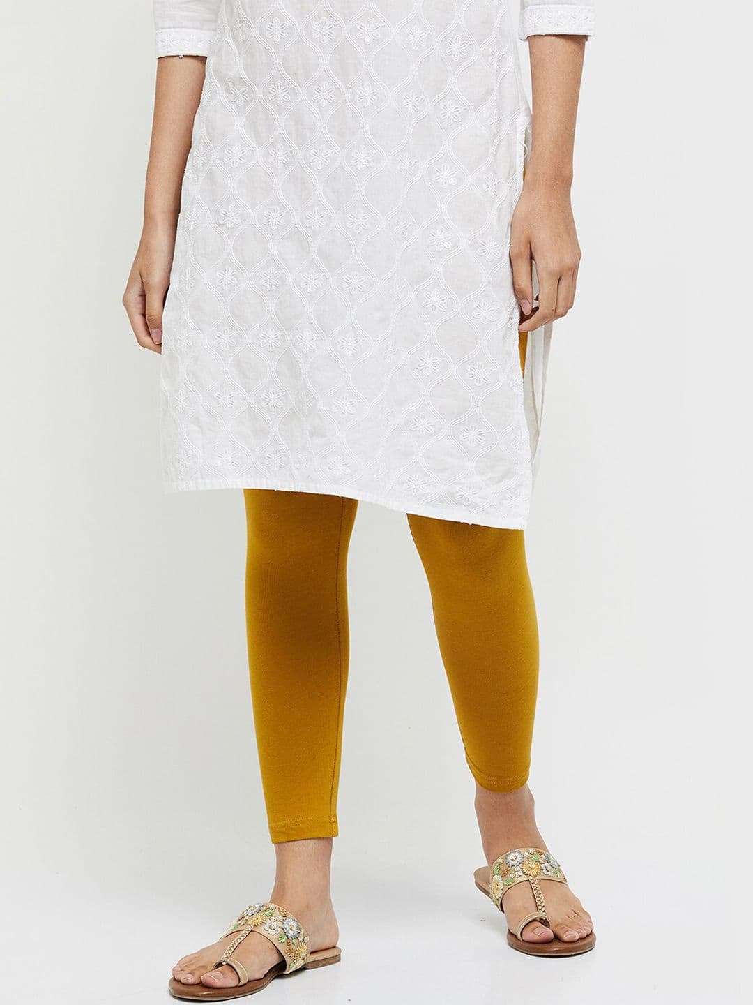 max Women Mustard-Yellow Solid Cotton Ankle-Length Leggings - view 1