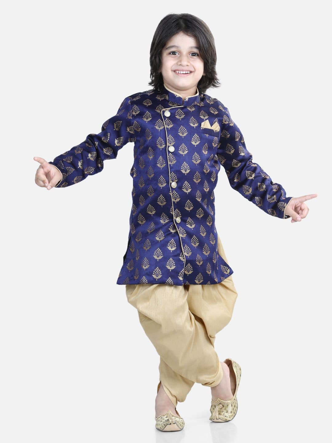 BownBee Boys Blue & Green Jacquard Full Sleeves Sherwani - view 1