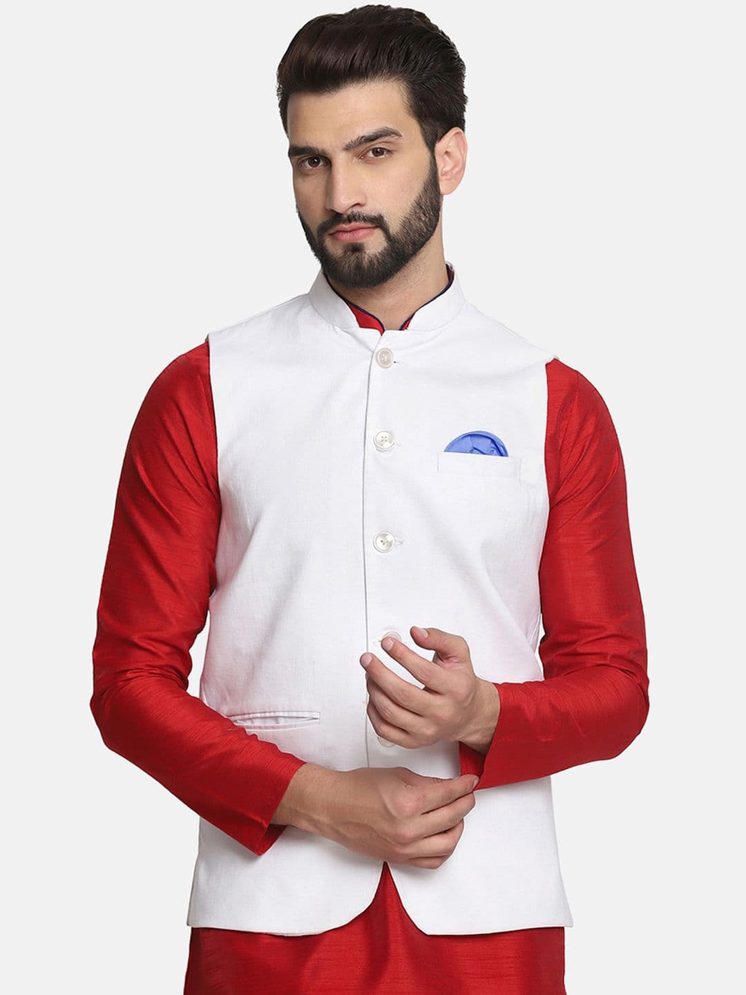 TAHVO Men White Solid Nehru Jacket - view 1