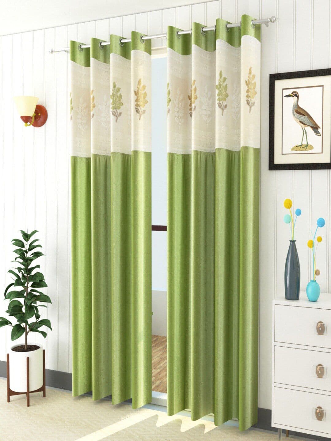 Homefab India Green & White Set of 2 Floral Sheer Window Curtain - view 1