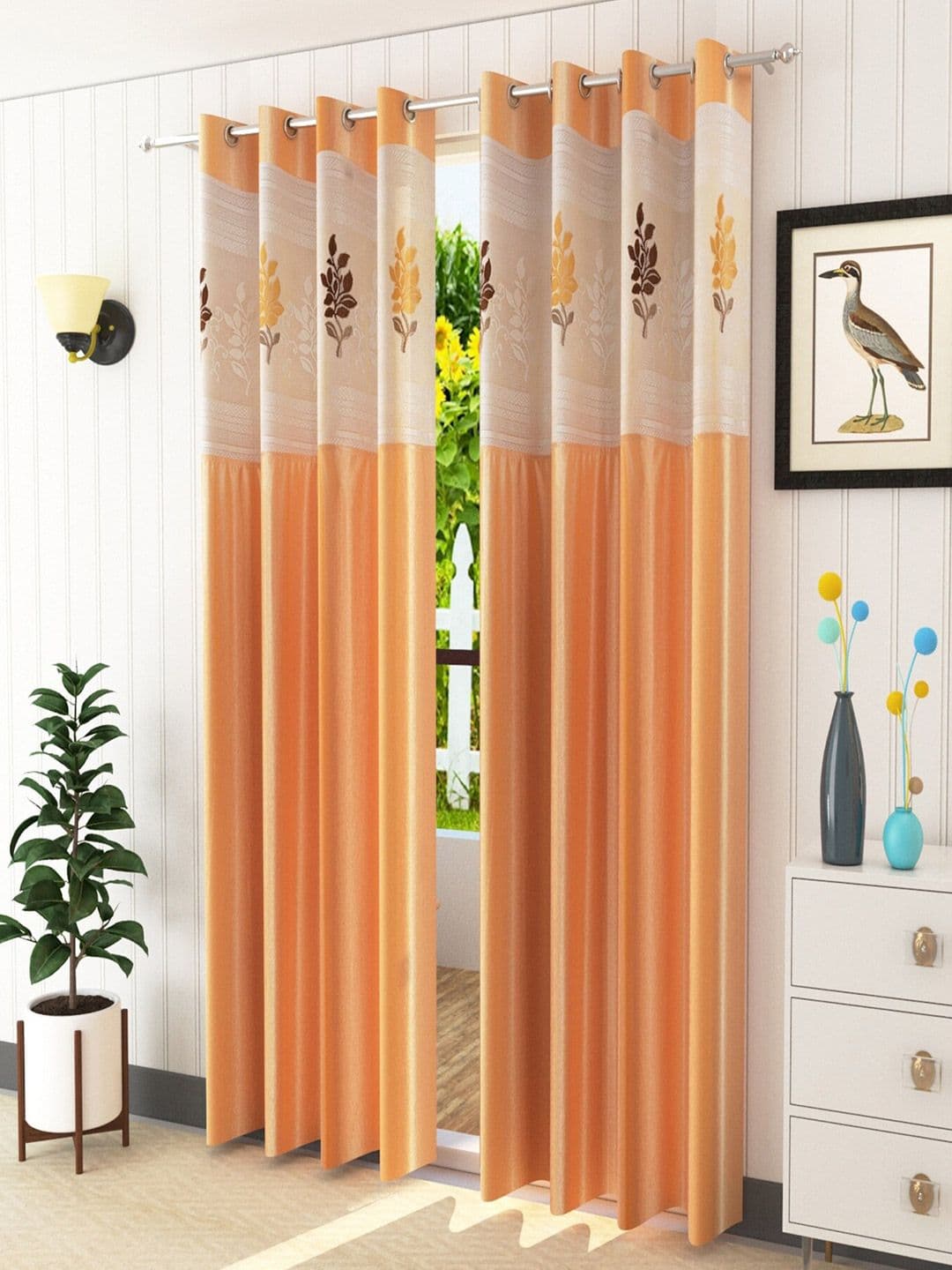 Homefab India Beige & White Set of 2 Floral Sheer Long Door Curtains- 9 Feet - view 1
