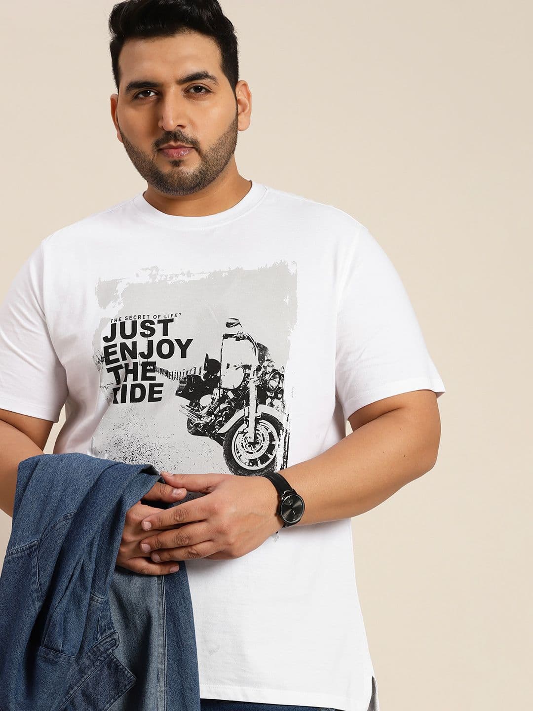 Sztori Men Plus Size White & Black Biker Printed Pure Cotton T-shirt - view 1