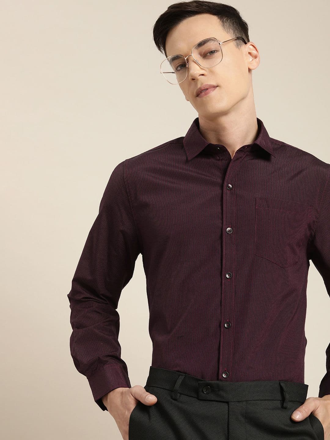 INVICTUS Men Dark Maroon Premium Slim-Fit Striped Formal Shirt - view 1